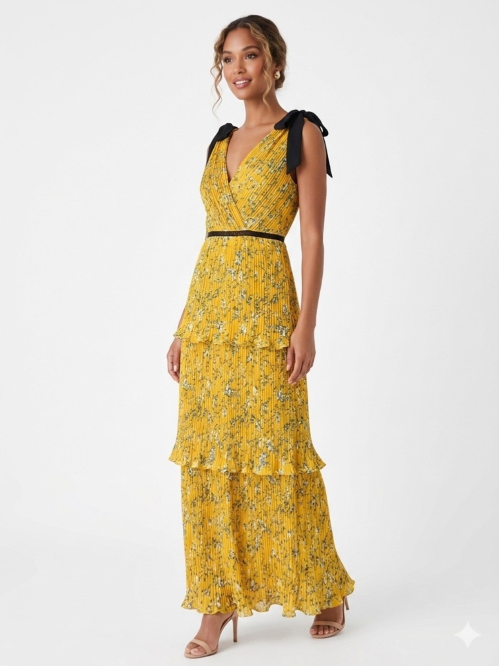 Lulu's Yellow Floral Tiered Maxi Dress with Black Faux Tie Straps